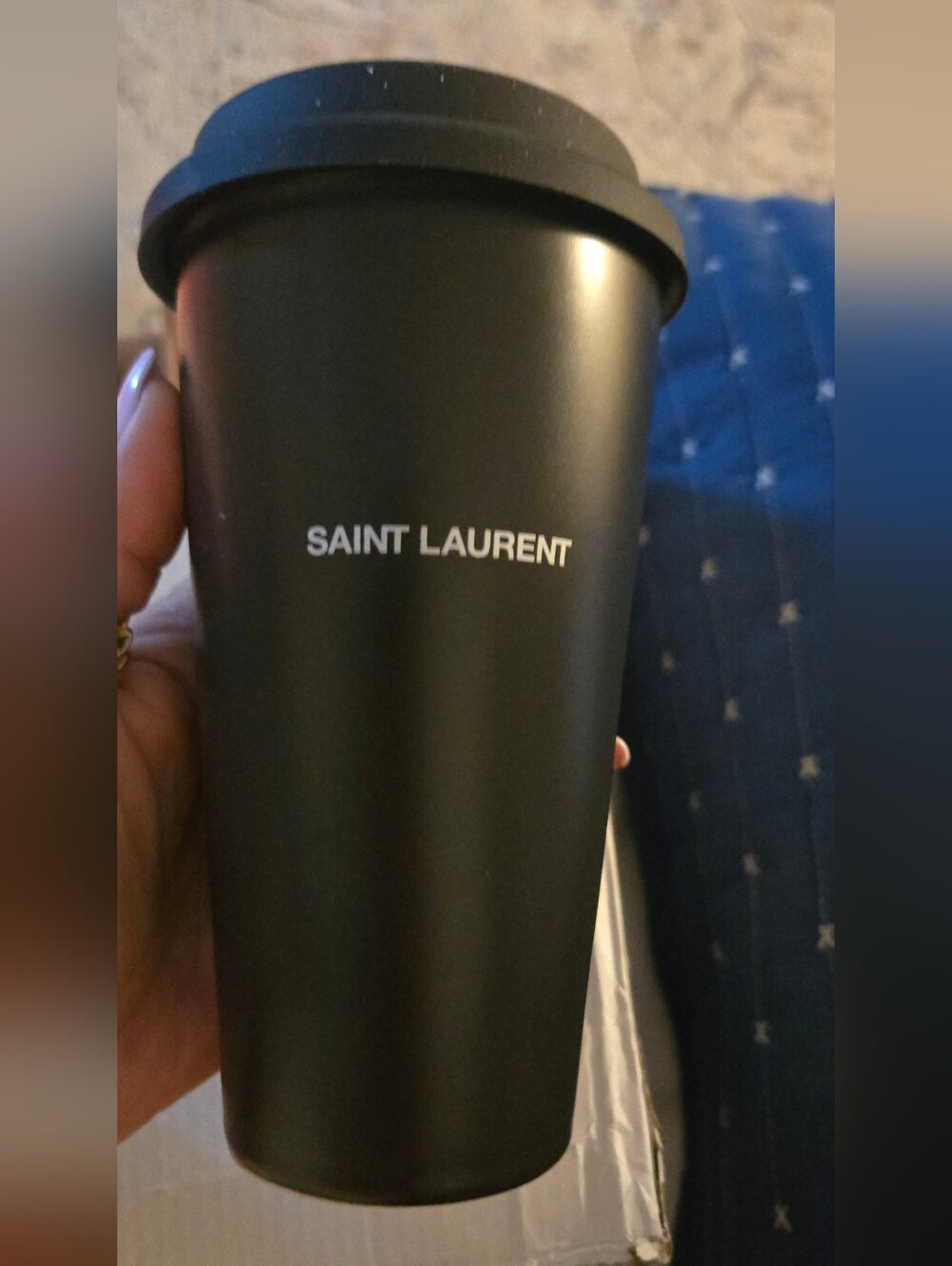 Saint Laurent Black Matte Travel Cup with White Logo